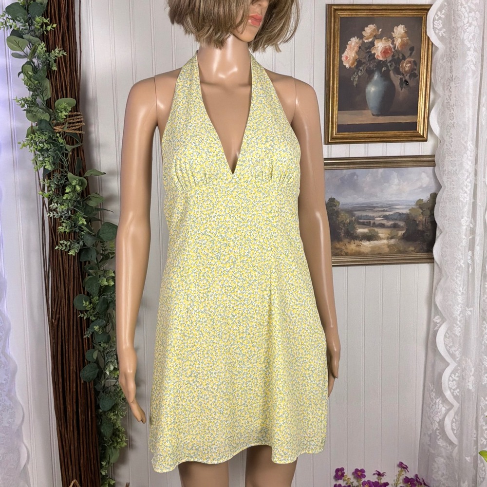 H&M Divided Halter Mini Dress Womens Small Yellow Floral Excellent V-Neck